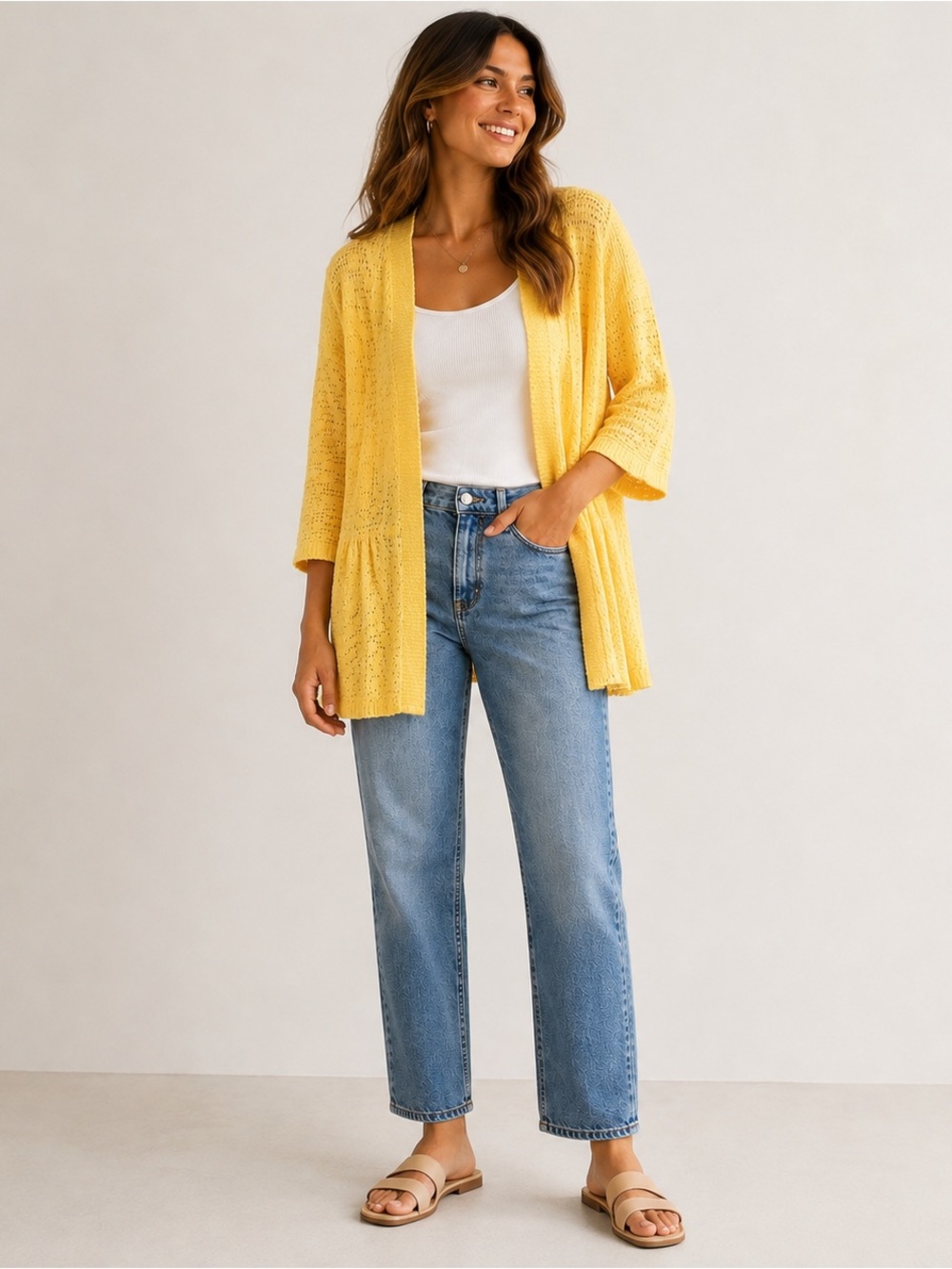Northern Reflections Yellow Open Knit Long Cardigan Large